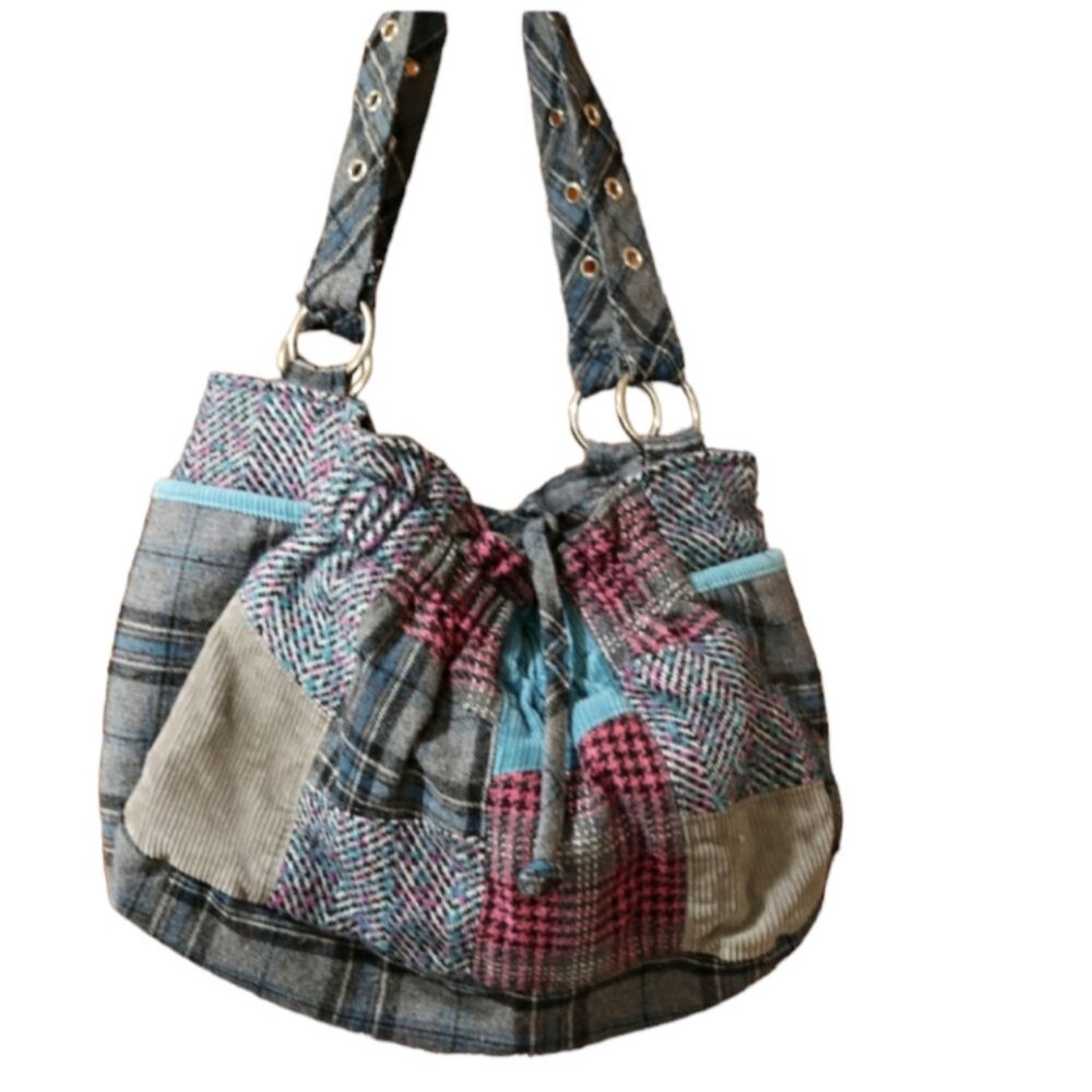 Vintage Y2K Patchwork Plaid Shoulder Bag Colorful Preppy Tweed Hobo Purse